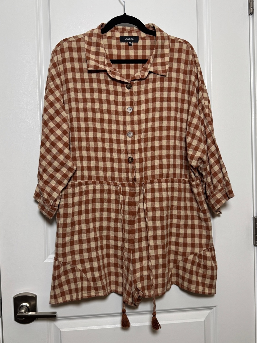 Aakaa Rust and Cream Gingham Button-Front Romper